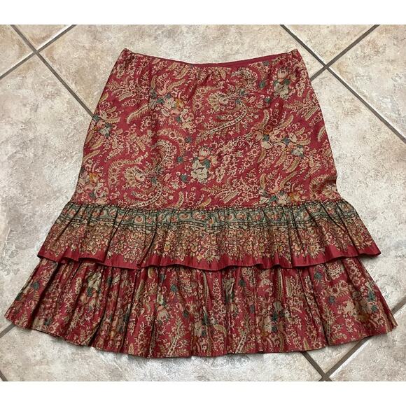 Ralph Lauren Chaps Denim Skirt 6 Peasant Red Green Ruffle Tier Boho Rust Paisley - Picture 3 of 6